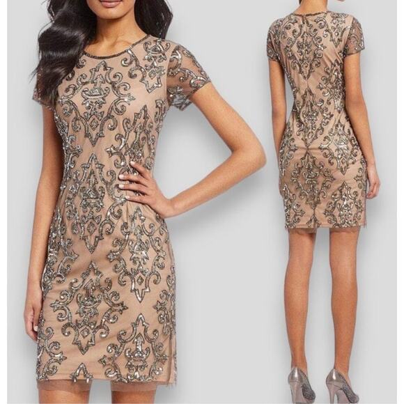 ADRIANNA PAPELL DRESS 2 SEQUIN BEADED MESH SHEER TAN NUDE SILVER MINI COCKTAIL - Picture 1 of 16